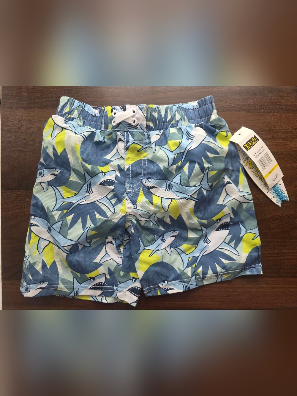 Shark Print Swim Trunks in Blue & Lime